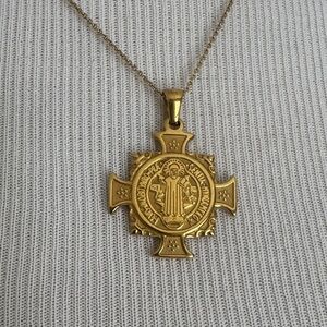 Vintage Gold Saint Benedict Cross Medallion Pendant